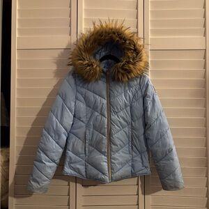 Svea baby blue puffer jacket with faux fur hood
